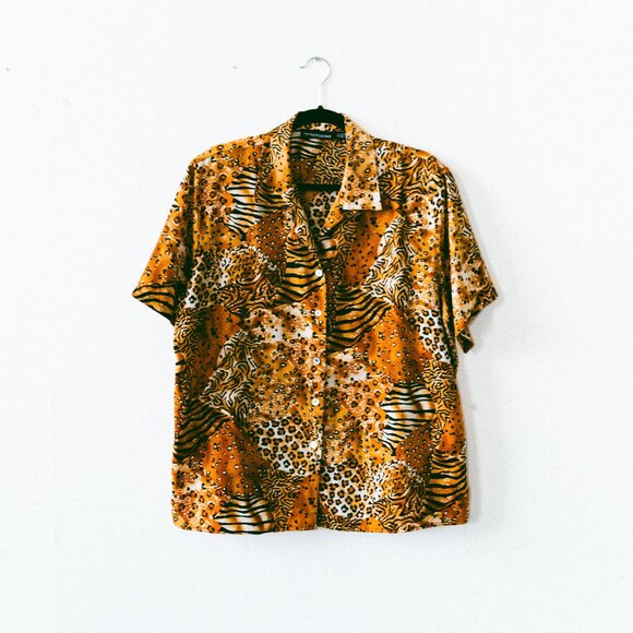 Vintage 90s/Y2K Impressions Patchwork Animal Print Blouse w/ Abalone Buttons - Picture 1 of 6